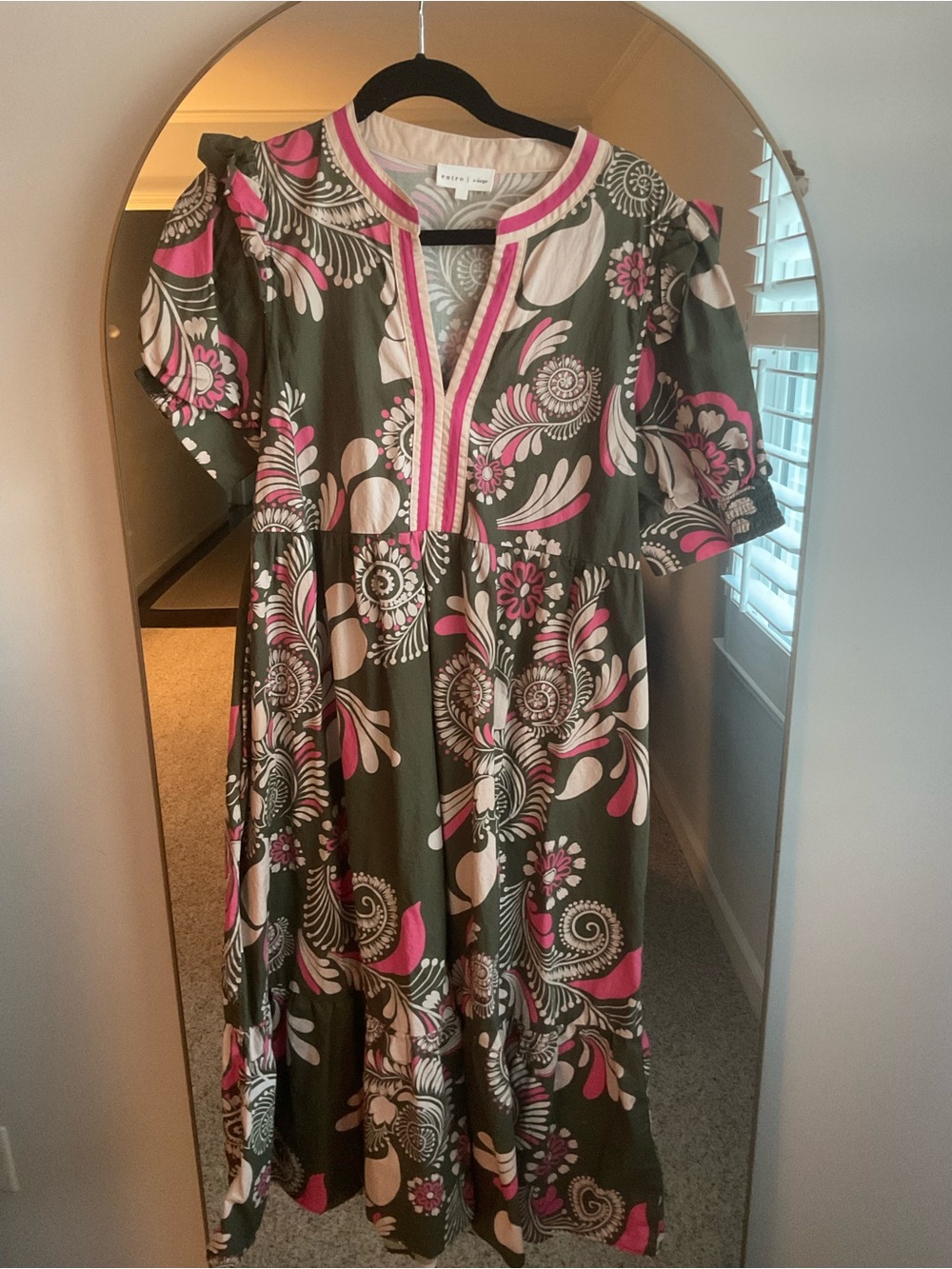 entro Olive Dress with Pink and Cream Floral Print